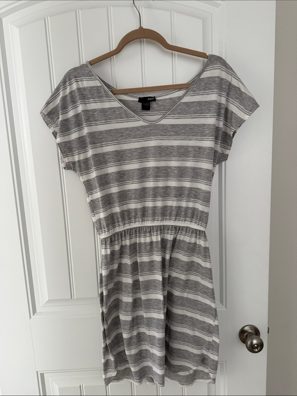 Aqua Gray & White Striped V-Neck Mini Dress